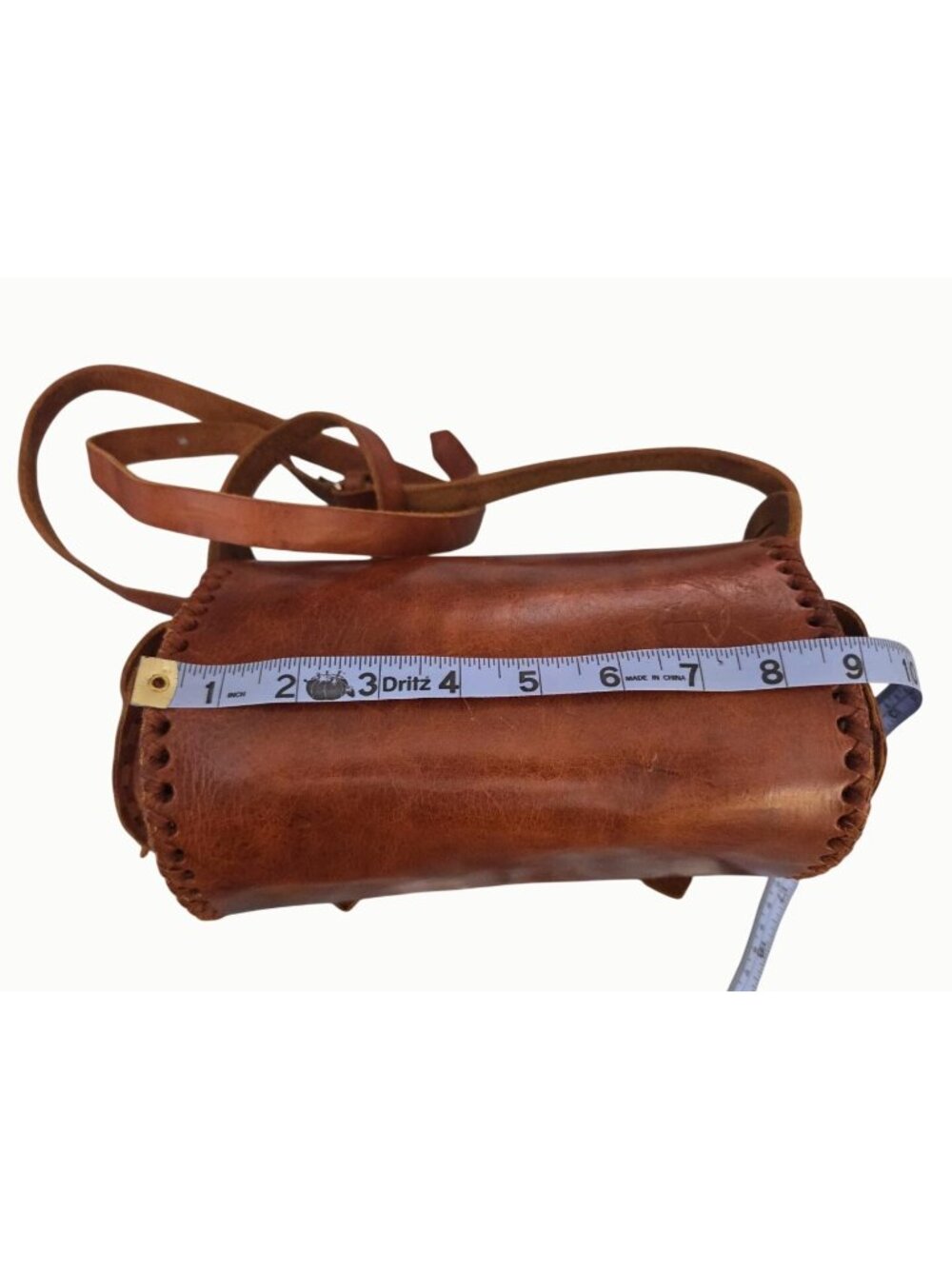 Handmade Leather Barrel Crossbody Bag Boho Western Vintage Cognac Hand Laced - Picture 8 of 8
